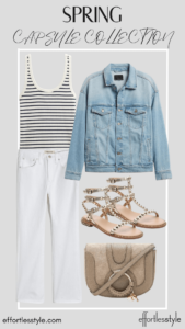 Striped Tank & Denim Jacket & White Jeans personal stylists share essentials Nashville area stylists share closet must haves for the season basic pieces everyone should have how to style a jean jacket with white jeans