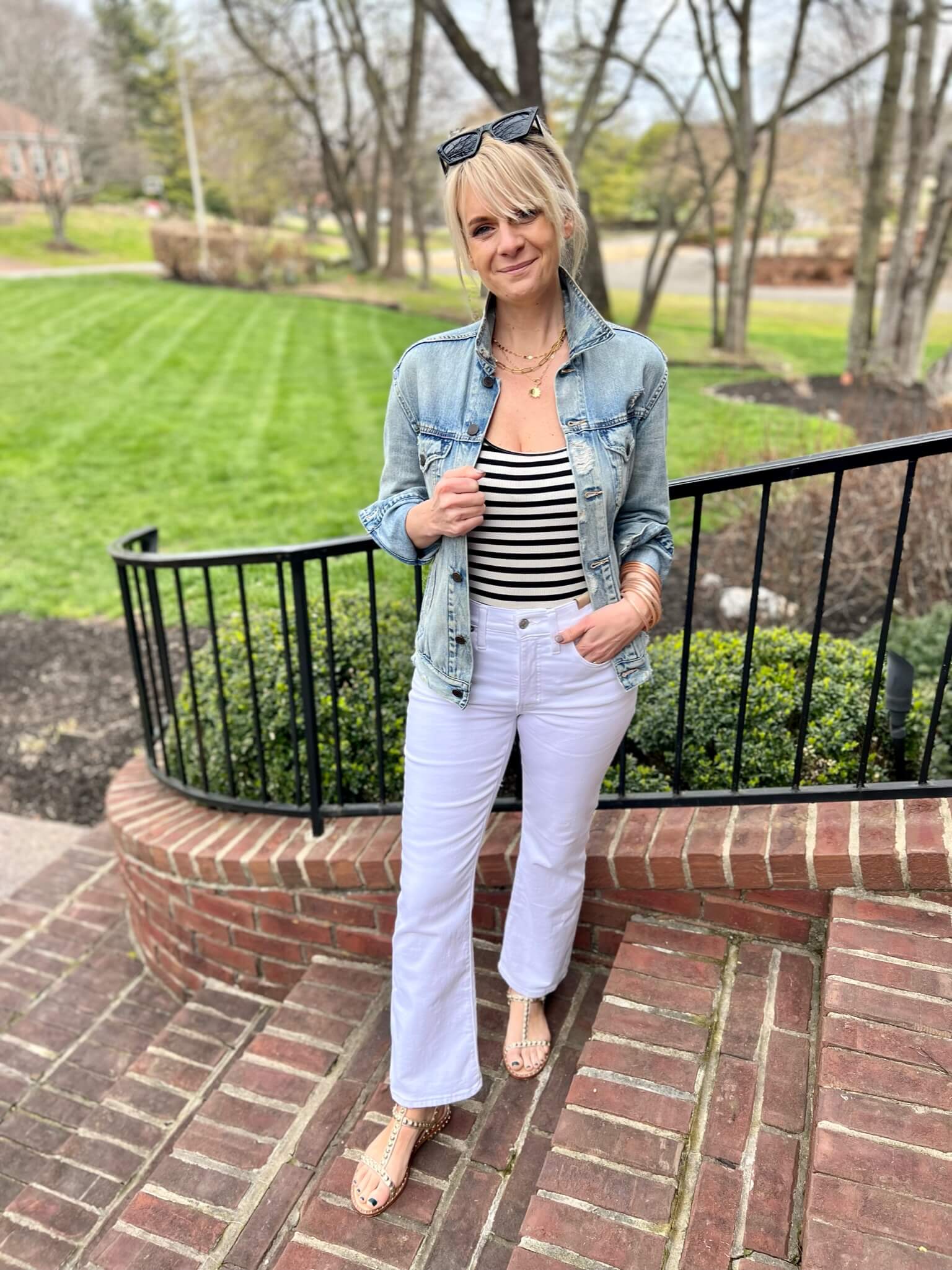 How To Wear Our Spring Capsule Wardrobe – Part 1 Striped Tank & White Jeans & Denim Jacket
