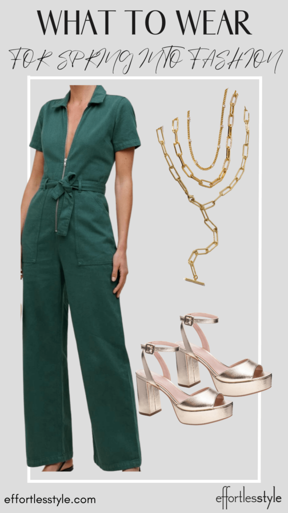 What To Wear To Spring Into Fashion Denim Jumpsuit how to style a denim jumpsuit how to dress up a denim jumpsuit personal stylists share edgy looks for your spring events how to style metallic platform sandals how to dress a denim jumpsuit up for an event