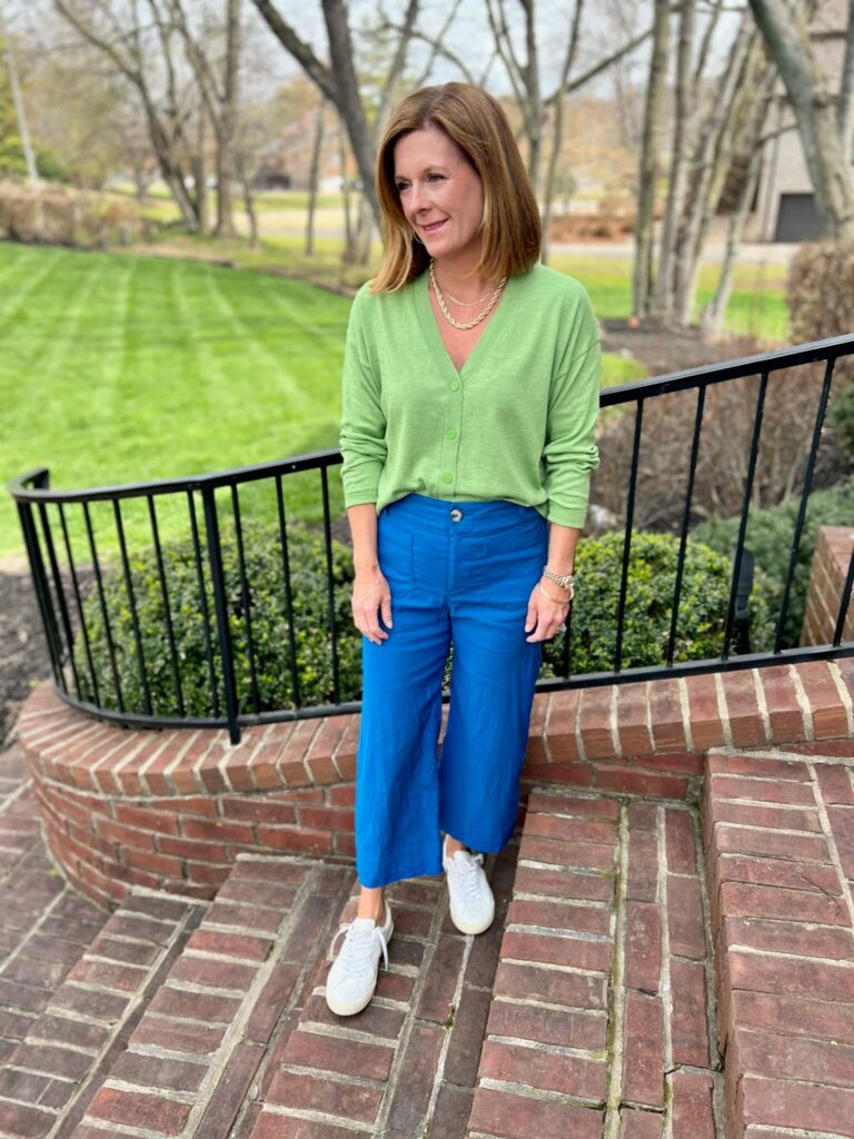 How To Create Fun Colorblocked Looks For Spring Green Cardigan & Blue Wide Leg Pants how to colorblock this spring nashville stylists share colorblocking ideas how to wear green and blue together personal stylists share colorblocking style inspiration