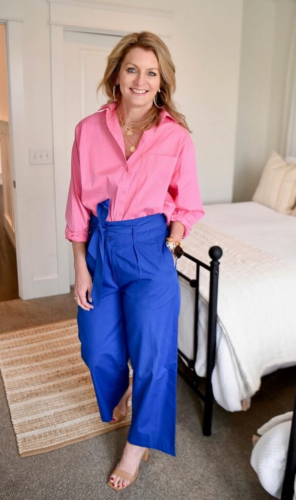 How To Create Fun Colorblocked Looks For Spring Pink Button-Up Shirt & Blue Paperbag Waist Pants Nashville stylists talk colorblocking personal stylists share colorblocking tips how to colorblock with pink and blue how to wear pink and blue together