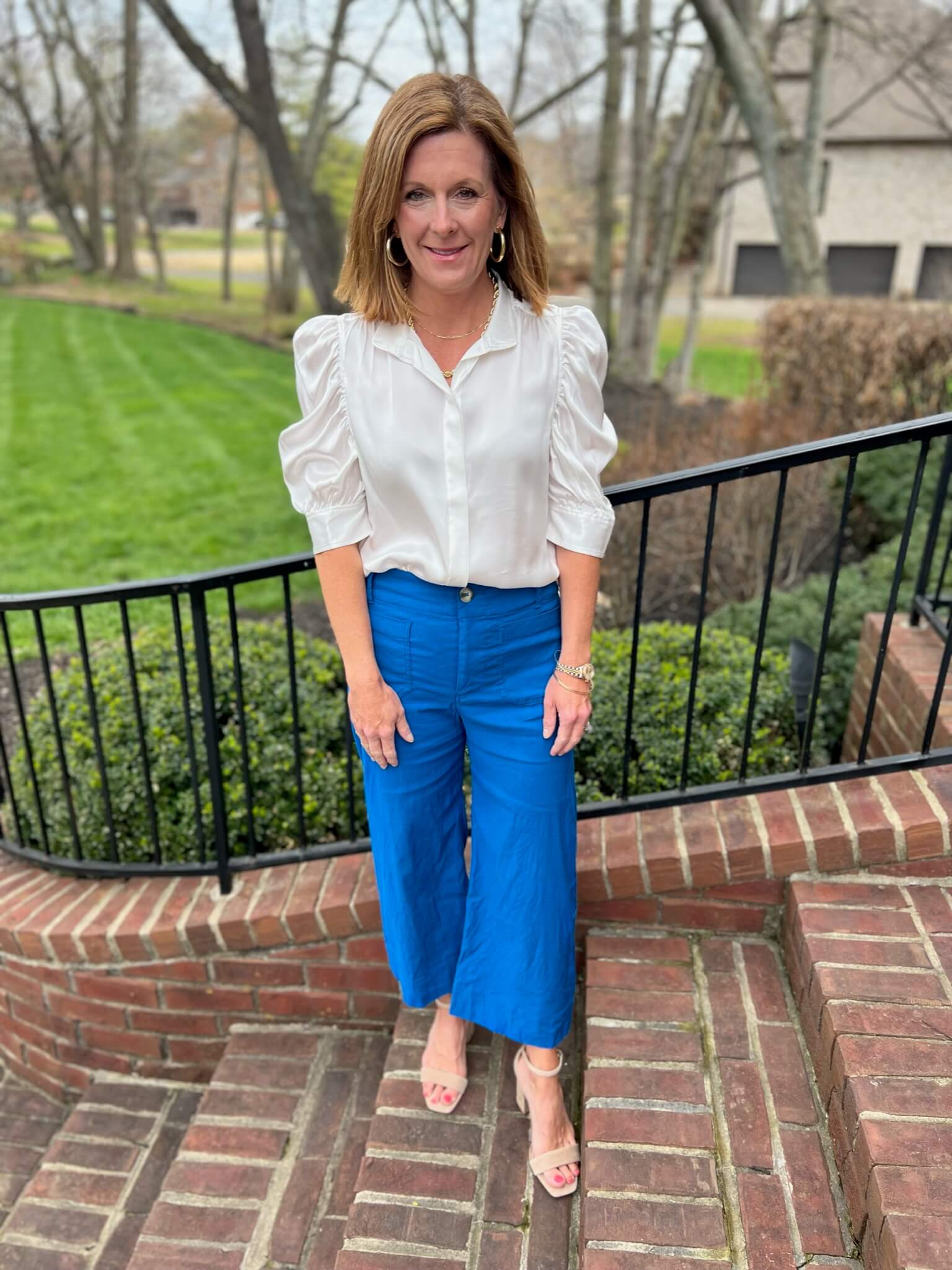 Ivory Short Sleeve Blouse & Blue Wide Leg Pants styling white and blue together nashville stylists share tips on wearing white and blue together fun looks for the office what to wear to the office