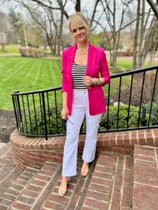How To Create Fun Colorblocked Looks For Spring Pink Blazer & White Jeans how to wear hot pink and white how to colorblock with pink and white nashville stylists share tips on colorblocking with white personal stylists share colorblocking tips how to colorblock