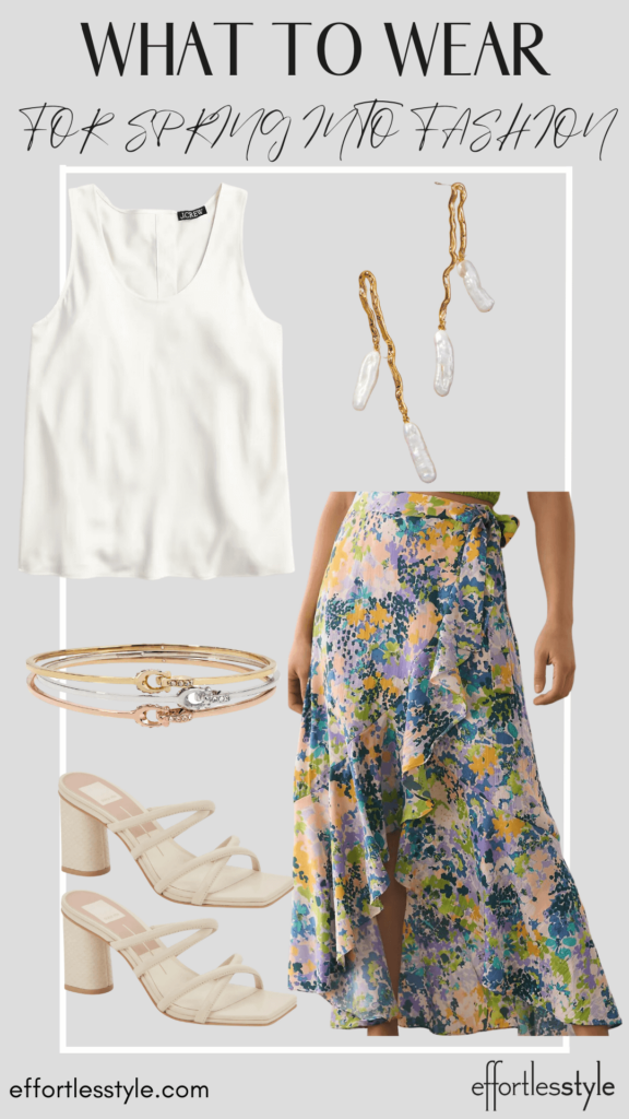 What To Wear To Spring Into Fashion Ruffled Wrap Maxi Skirt nashville stylists share style inspiration for spring events what to wear to church this spring how to style a maxi skirt how to wear a wrap skirt pretty spring accessories what to wear to a luncheon this spring