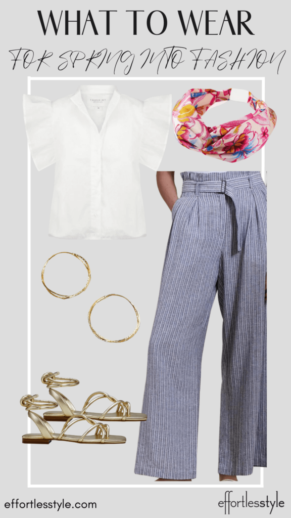 What To Wear To Spring Into Fashion Striped Linen Paperbag Waist Pants fun dressy casual looks for spring personal stylists share dressy casual style inspiration for spring what to wear to lunch with girlfriends how to wear pants this spring personal stylists share fun spring accessories