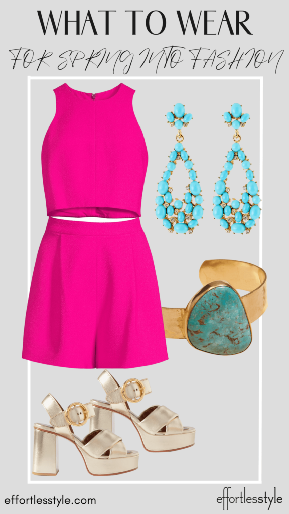 What To Wear To Spring Into Fashion Monochromatic Matching Set how to colorblock pink and turquoise how to wear hot pink this spring personal stylist share style inspiration for your spring events what to wear to spring events how to style metallic sandals how to style gold platform sandals how to style turquoise jewelry