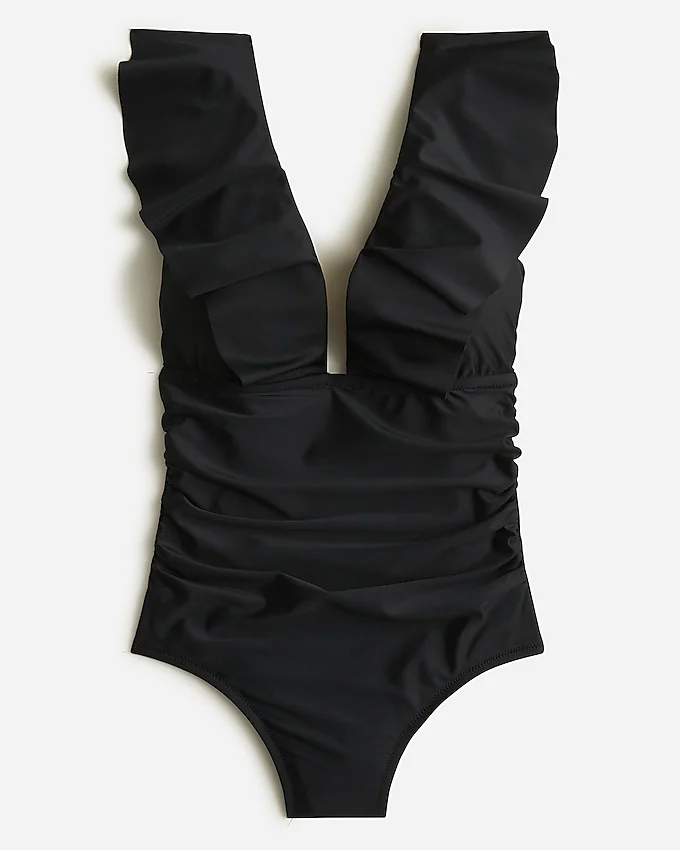 April Favorites From Our Nashville Personal Stylists Black Ruffled V-Neck Ruched One Piece personal stylists share favorite one piece swimsuit classic bathing suit for summer age appropriate bathing suits for summer