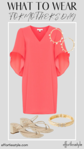Coral Drapey Knee Length Dress classic dress for spring and summer Nashville stylists share style inspiration for spring how to style a colorful dress how to accessorize a dress what to wear to a spring wedding how to accessorize with gold