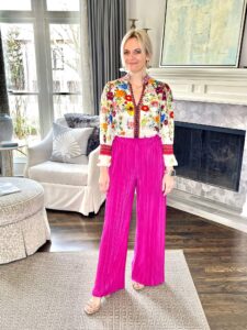 Bold Work Looks Floral Blouse & Hot Pink Palazzo Pants how to wear bold colors to work nashville stylists share bold style inspiration for the office personal stylists share style inspiration with color for work how to wear bright colors to work