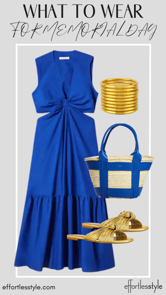 What To Wear For Memorial Day Knot Cutout Midi Dress personal stylists share fun looks for memorial day nashville stylists share style inspiration for Memorial Day how to accessorize a midi dress how to wear gold accessories how to wear a bright blue dress how to style blue for Memorial Day
