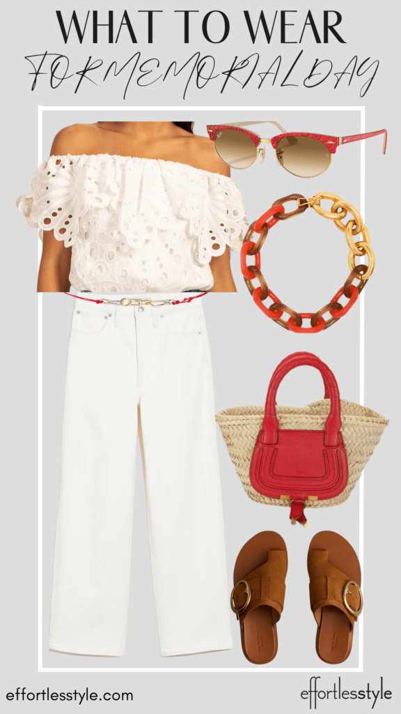 What To Wear For Memorial Day Off The Shoulder Eyelet Top & White Jeans how to wear all white how to accessorize all white how to add color with your accessories how to style red accessories for memorial day nashville stylists share fun accessories for Memorial Day