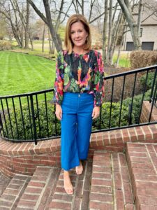 Bold Work Looks Printed Blouse & Blue Wide Leg Pants personal stylists share style inspiration for the office what to wear to the office this summer how to look professional in colorful clothes at work how to style bright colors for work how to wear color for a work meeting what to wear to work