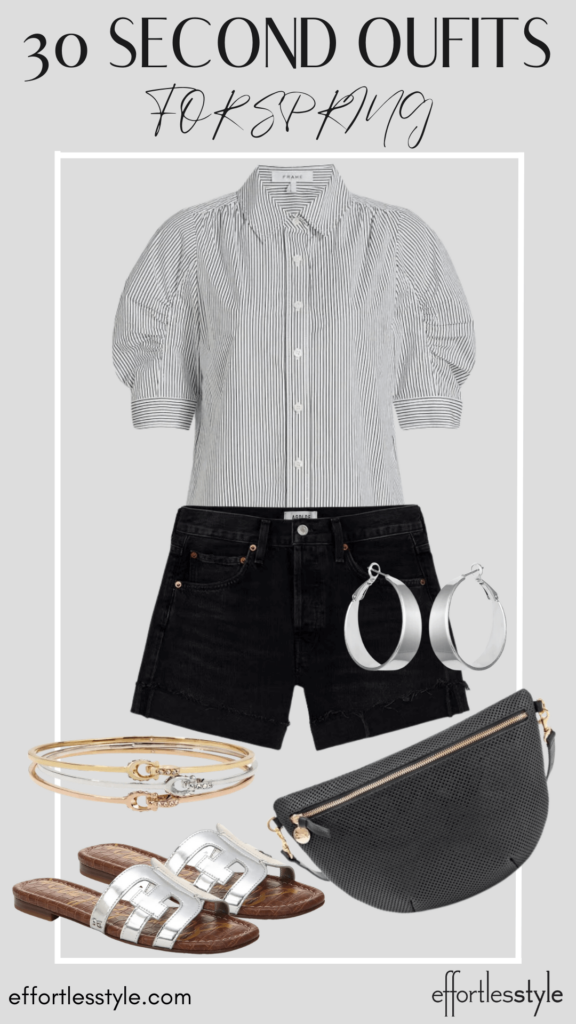 Striped Button-Up Short Sleeve Shirt how to style a short sleeve button up shirt how to style back cutoff shorts how to wear black jean shorts how to accessorize with silver the best silver accessories the best fanny pack for traveling
