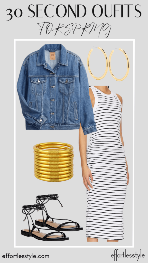30 Second Outfits Striped Midi Dress how to style a striped midi dress how to layer with a jean jacket how to wear sandals with a midi dress affordable black sandals the best all weather bracelets waterproof bangles