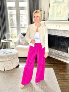 Tweed Jacket & Hot Pink Palazzo Pants how to wear bright colors to the office how to style colored pants for the office how to style palazzo pants for the office