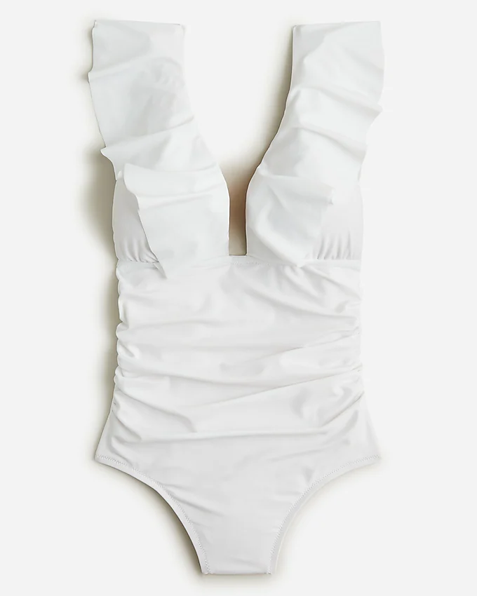 April Favorites From Our Nashville Personal Stylists White Ruffled V-Neck Ruched One Piece how to wear a white bathing suit timeless swimsuit the best swimsuits for your 40s