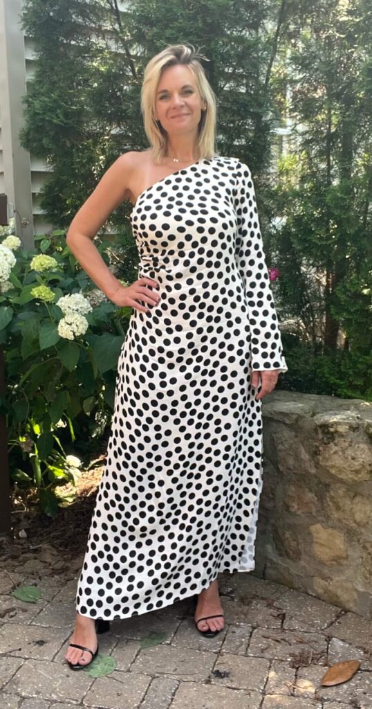 Elevated Summer Looks Asymmetrical Polka Dot Dress affordable wedding attire how to wear pattern to a wedding what to wear to a summer wedding how to accessorize polka dot dress how to dress up this summer