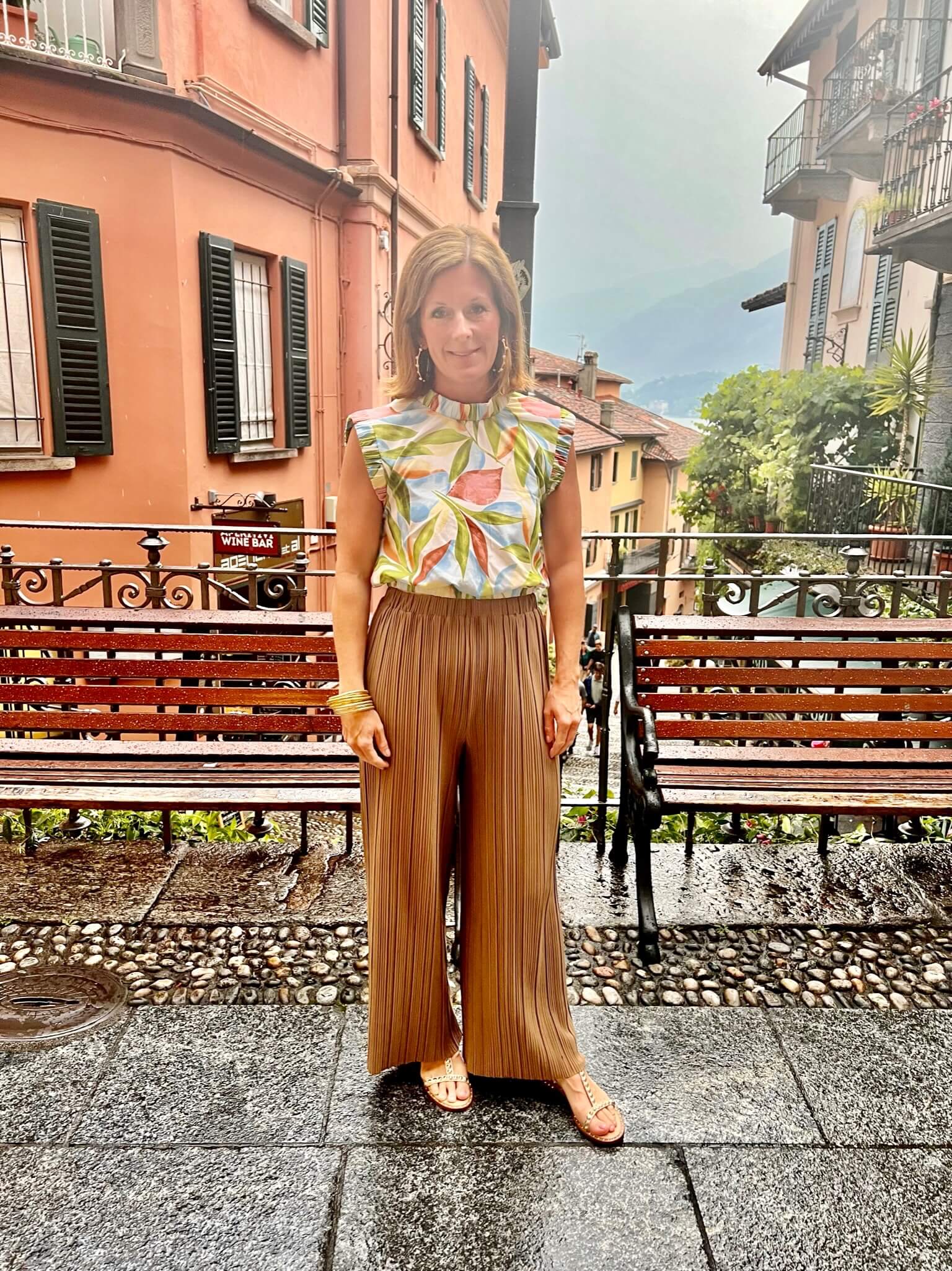 Floral Dressy Tank Blouse & Brown Wide Leg Pants Pants styling wide leg pants for summer nashville stylists share summer trip style inspiration personal stylists share fun summer looks what to wear out to dinner this summer styling pants for summer