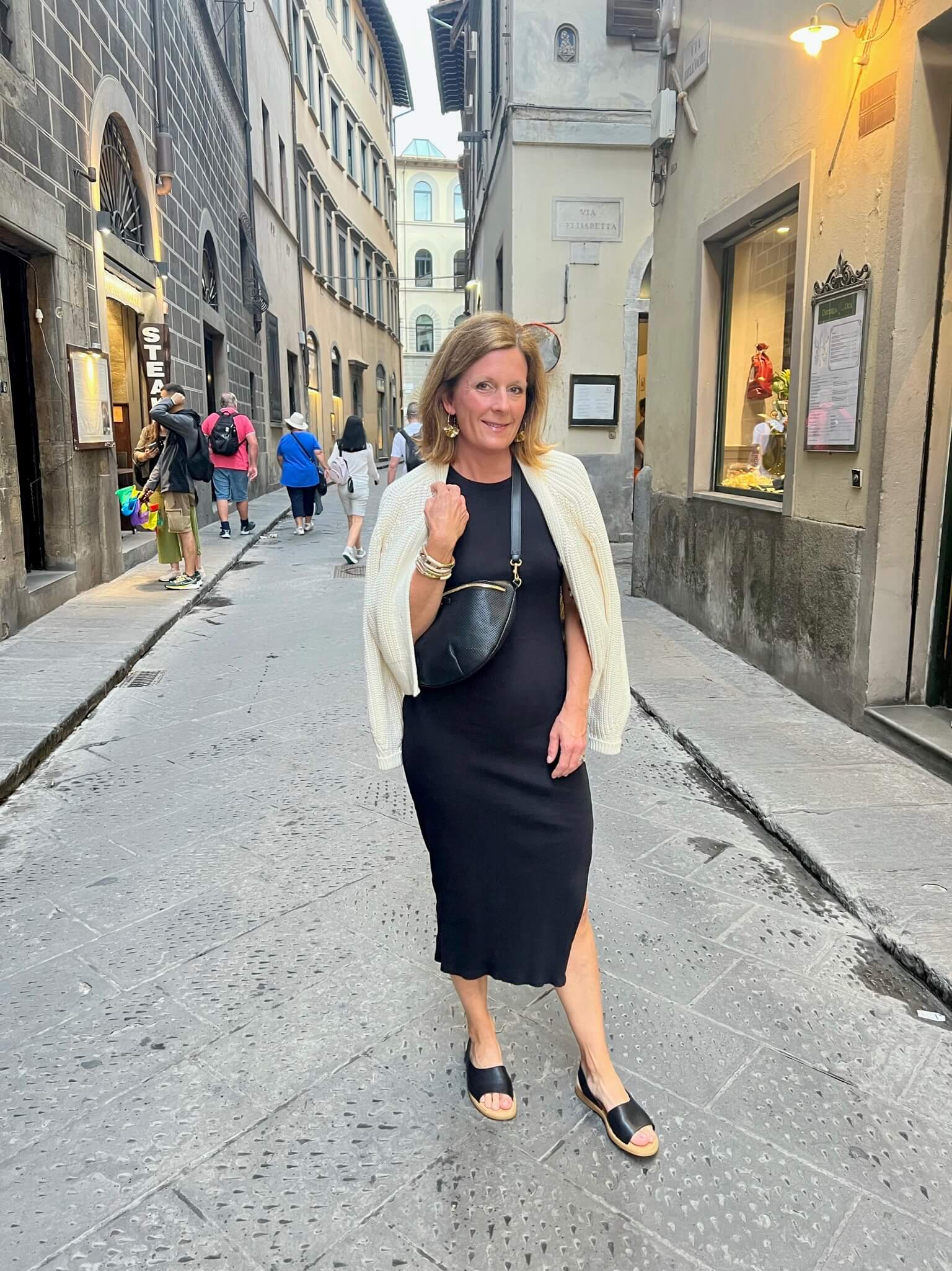 How To Pack For A European Vacation Elevated Cardigan & Black Midi Dress how to style a midi dress for summer the best sandals for lots of walking the most comfortable sandals for summer high quality summer sandals how to style a cardigan this summer
