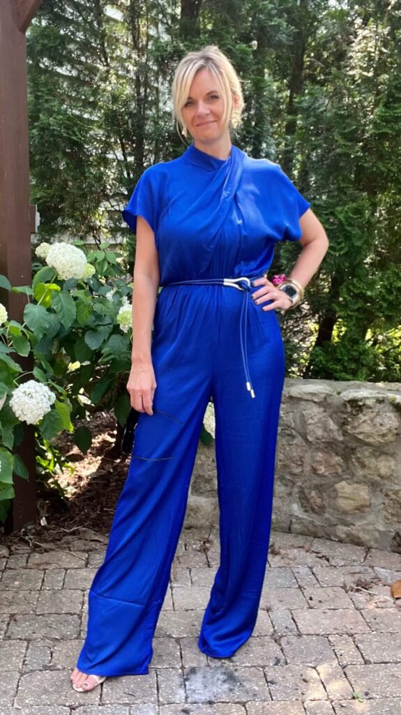 Elevated Summer Looks Satin Belted Jumpsuit what to wear to a summer wedding how to style a jumpsuit for summer how to wear royal blue how to wear bright color to a wedding nashville stylists share affordable summer styles personal stylists share affordable wedding attire