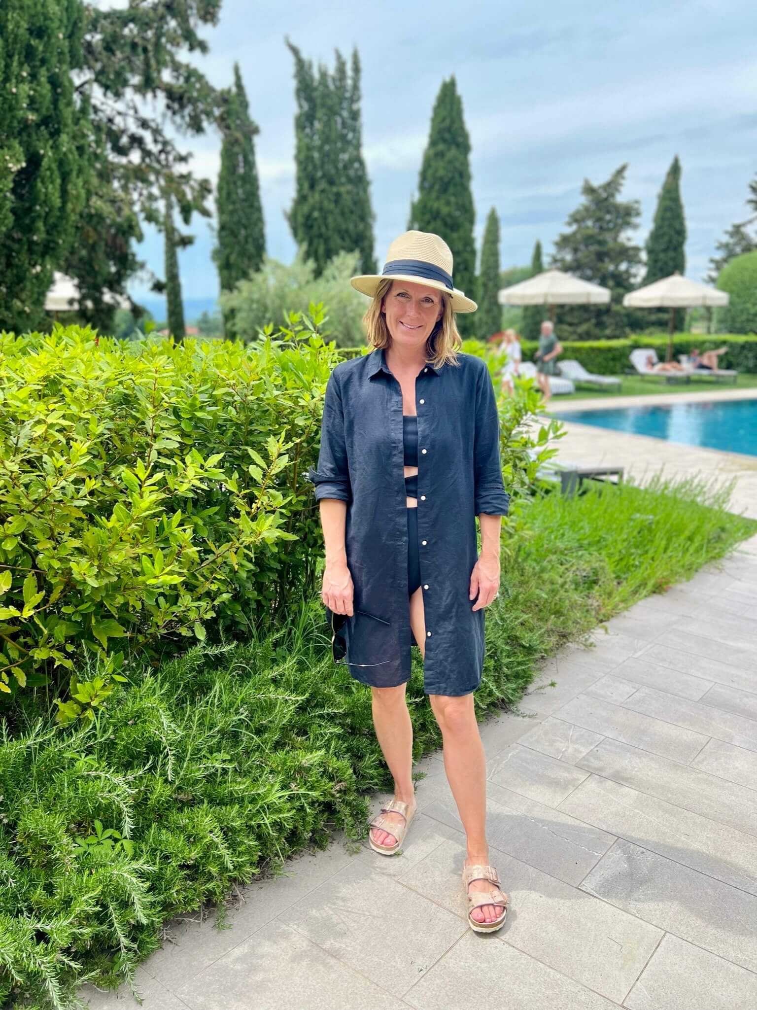 Shirtdress Cover Up & Strapless Cutout Swimsuit what to wear at a resort resort wear for summer poolside style inspiration what to wear to the hotel pool