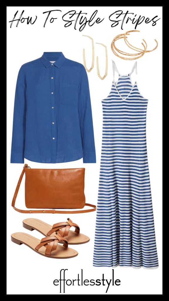 How To Style Stripes Button-Up Shirt & Striped Jersey Dress how to style colorful stripes how to accessorize a striped dress late summer style inspiration how to wear tan accessories in summer tan sandals for summer the best gold accessories style tips for wearing a striped dress personal stylists share styled looks with stripes how to wear stripes in early fall