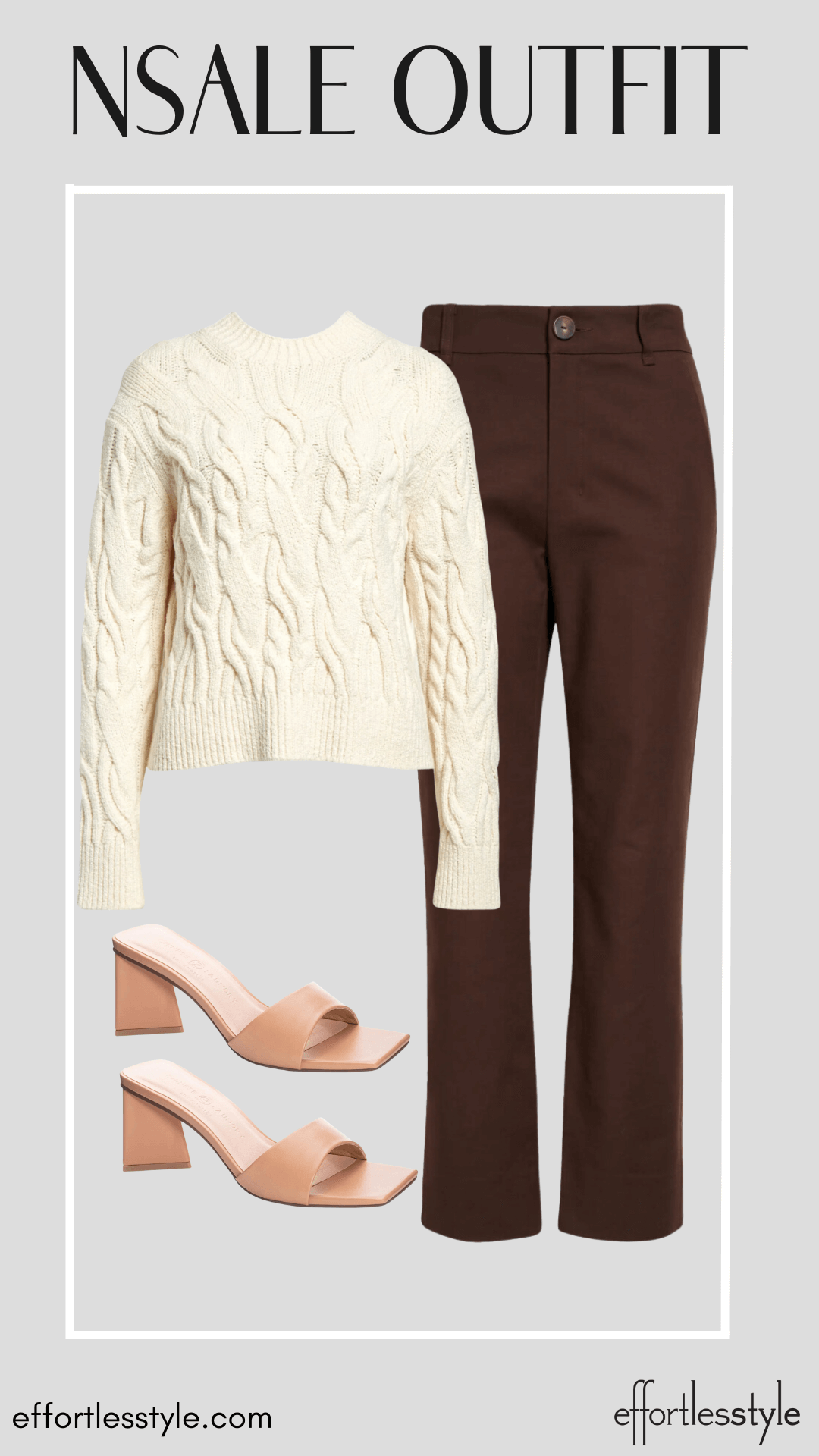 Crewneck Cable Sweater & Brown Pants how to style a sweater and slacks for work classic workwear looks how to wear sandals to the office