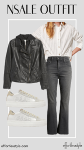 Leather Moto Jacket & Cotton Poplin Striped Button-Up Shirt & Washed Black Raw Hem Crop Bootcut Jeans how to style a leather jacket how to wear a black act with black jeans how to wear sneakers with a leather jacket casual fall looks how to shop leather in the Nordstrom Anniversary Sale splurgeworthy items in the Nordstrom Anniversary Sale