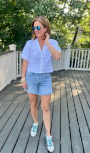 Simple Summer Style Linen Short Sleeve Button-Up Shirt & Jean Shorts