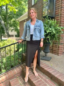 Favorites From The LTK x Anthro Sale - Part 1 Relaxed Denim Jacket & Ruched Midi Skirt
