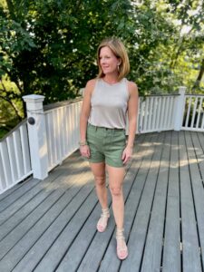 Simple Summer Style Shimmer Tank & Utility Shorts how to dress your utility shorts up how to elevate utility shorts how to wear shimmer in summer how to style shorts in your 40s how to dress your shorts up dressy casual looks with shorts easy summer outfits easy summer style