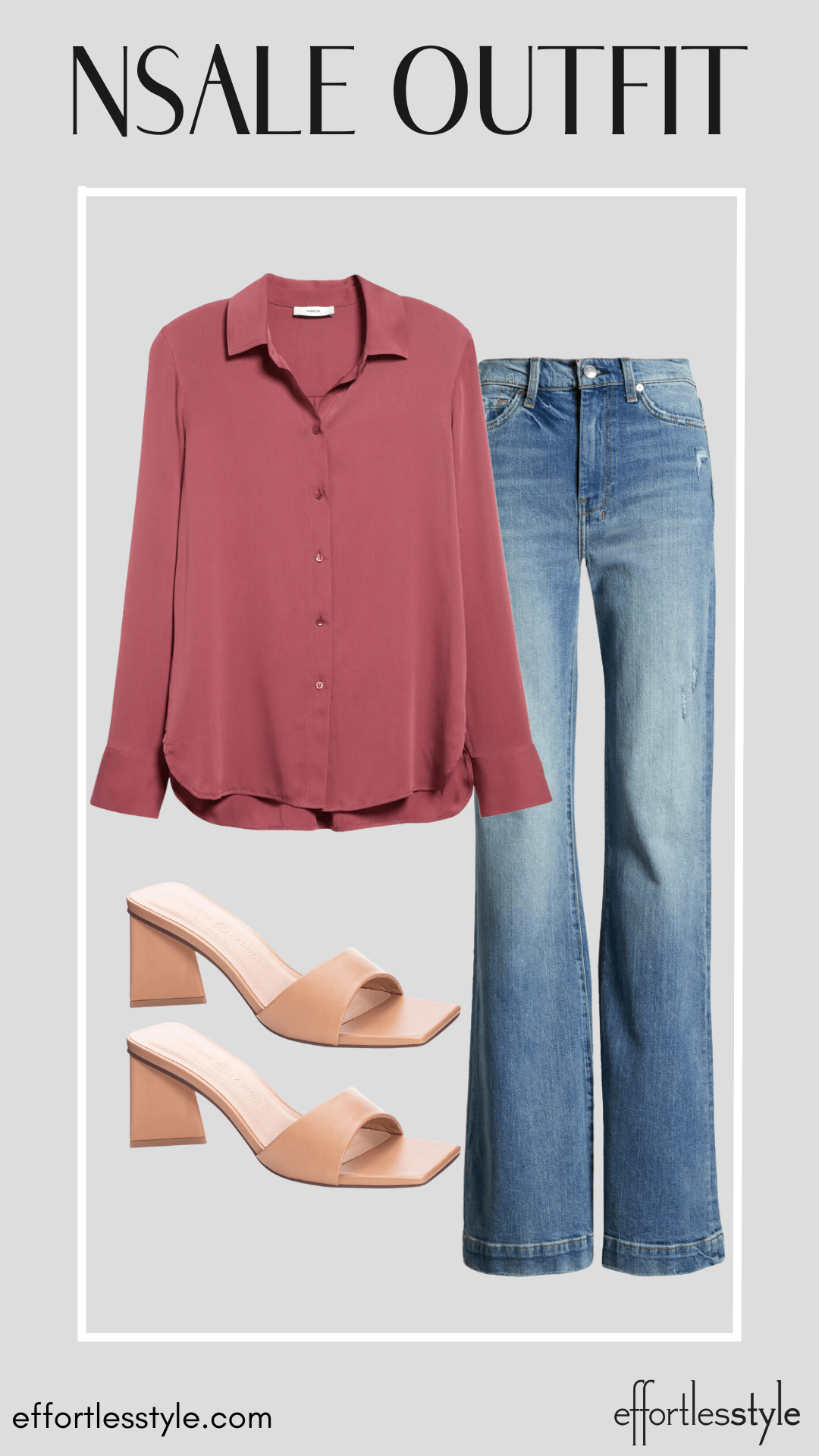 Slim Fit Stretch Silk Blouse & Medium Wash High Waist Flare Leg Jeans how to wear jeans to the office how to style jeans for the office how to dress jeans up for the office how to wear jeans in a professional setting