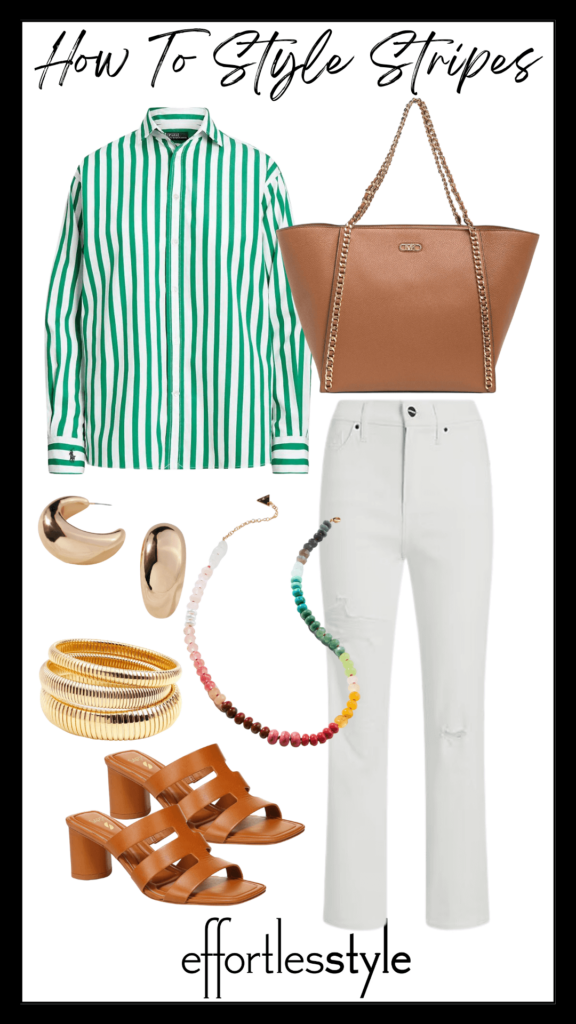 Striped Button-Up Shirt & White Straight Leg Jeans how to wear white jeans elevated casual looks for late summer how to wear white jeans in the fall how to wear tan accessories with white jeans how to accessorize jeans and a button-up shirt splurgeworthy tote bag for fall tan sandals for fall