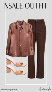 Textured Satin Button-Up Blouse & Brown Pants how to create a tone on tone look for the office how to wear a monochromatic look for the office how to wear sandals to the office