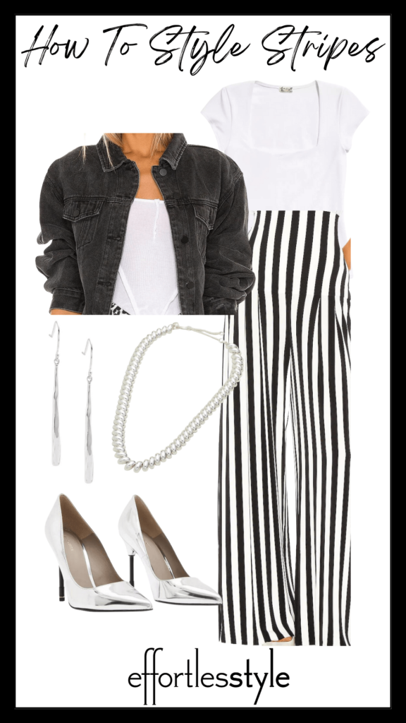 How To Style Stripes Washed Black Denim Jacket & Striped High Waisted Pants how to style black and white stripes how to create a black and white look how to wear black and white for late summer how to wear striped pants how to style striped pants how to accessorize with silver