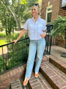 The Best Early Fall Pieces At Madewell Cropped Utility Button-Up Shirt & Crossover Baggy Straight Leg Jeans