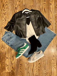Short Sleeve Leather Jacket & Jeans how to style a short sleeve leather jacket how to wear sneakers with a leather jacket how to wear a short sleeve leather jacket for date night