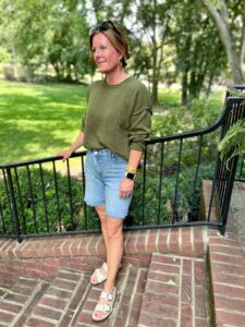 Solid Sweater & Cutoffs how to style a sweater with shorts how to style cutoffs in your 40s how to style denim shorts in your 40s the Bermuda short trend the longer short trend