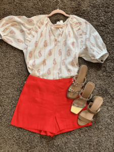 Printed Blouse & Red Shorts how to style red shorts for fall how to wear a blouse with shorts fun fall style inspiration