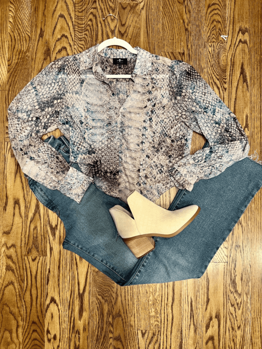 A Styling Session Explained Snakeprint Blouse & Medium Wash Jeans