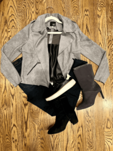 Moto Jacket & Black Jeans what to wear for date night what to wear a fun night out girls night out style inspiration how to style a suede moto jacket how to style a faux suede jacket