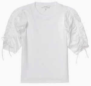 Stylist Pick Of The Week Round Up White Ruched Short Sleeve Tee Shirt personal stylists share the best elevated tee shirt dressy tee shirt how to buy a dressy tee shirt personal stylists share high quality tee shirt nashville stylists share favorite items for fall the best fall pieces