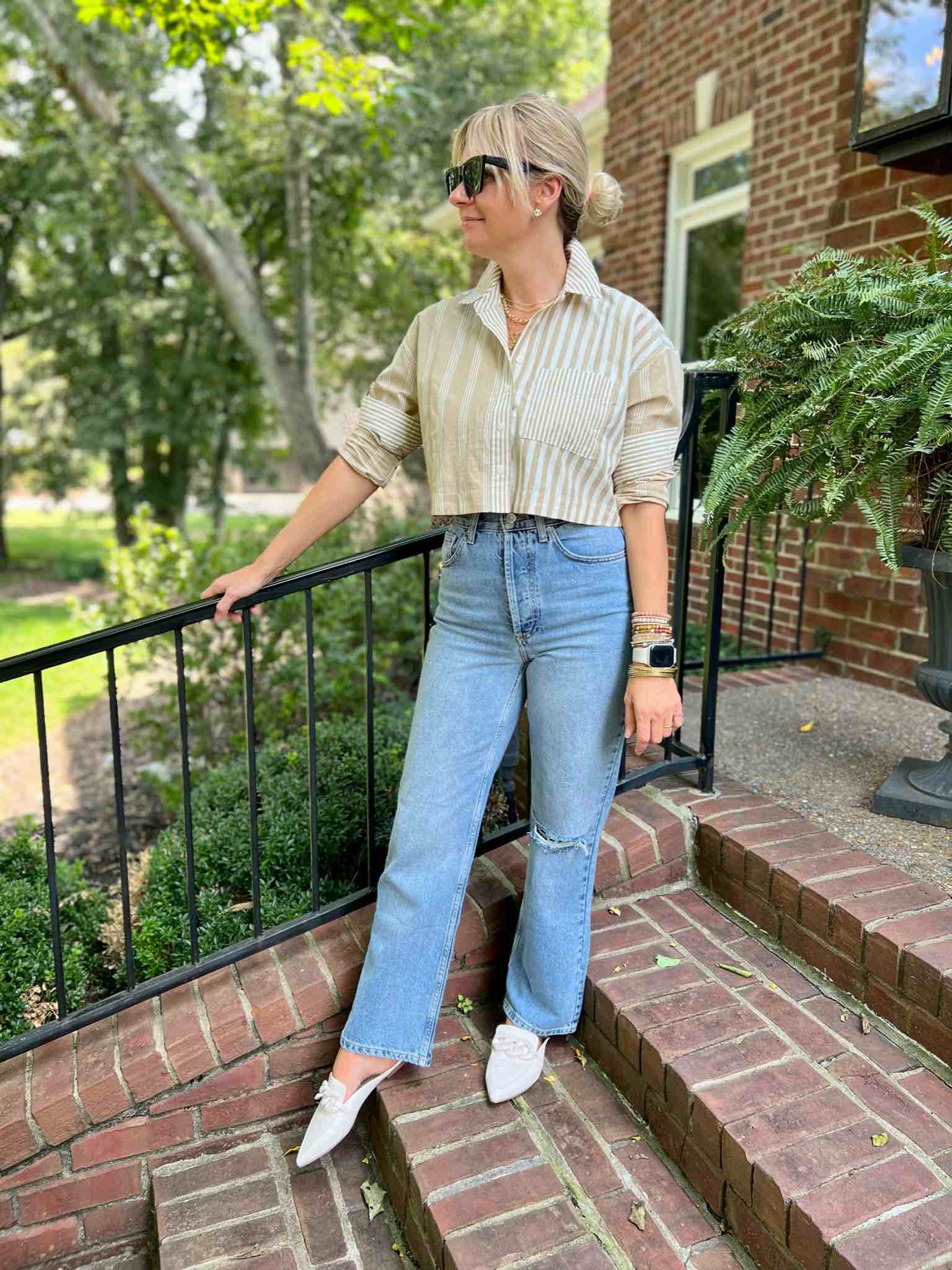 Cropped Button-Up Shirt & Jeans how to style straight leg jeans the best mules how to style a button-up shirt how to wear a cropped shirt in your 40s nashville stylists share fun looks
