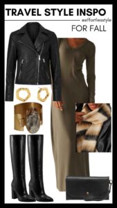 Leather Jacket & Maxi Dress how to style tall boots how to style tall boots with a maxi dress dressy casual look for a date night date night style personal stylists share must have cold weather accessories how to wear a leather jacket over a dress what to pack for a trip to the mountains