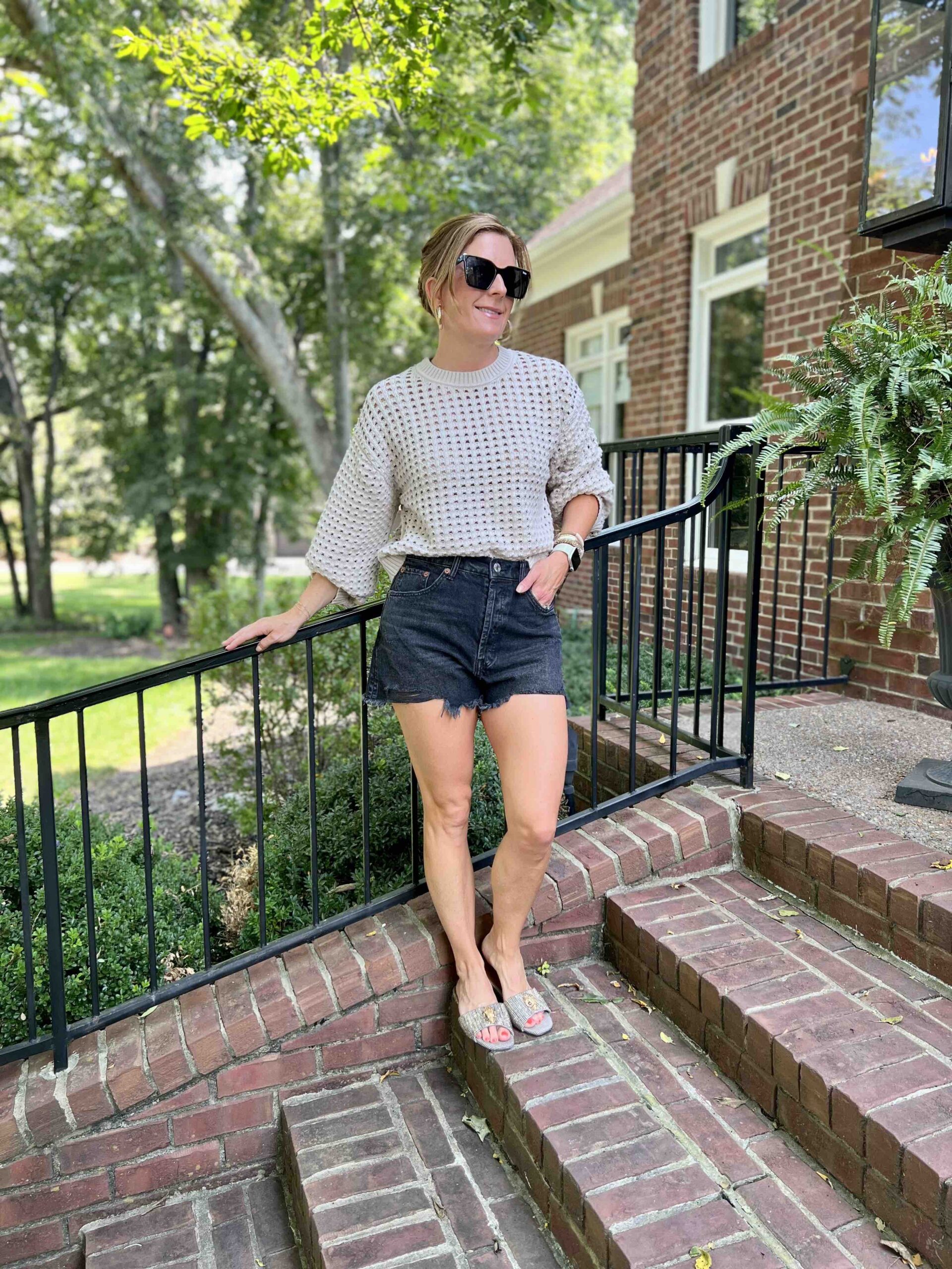 How To Dress For Fall When It's Still Hot Open Stitch Sweater & Black Cutoffs how to transition your outfits into fall how to dress for fall when it's hot how to dress for fall in hot weather what to wear in the fall in the southeast nashville stylists share fall style inspiration