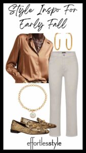 Satin Button-Up Shirt & White Jeans how to style white jeans in the autumn how to wear your white jeans year round the best snakeskin shoes how to style a satin button-up shirt how to create a monochromatic look for autumn dressy casual look for white jeans
