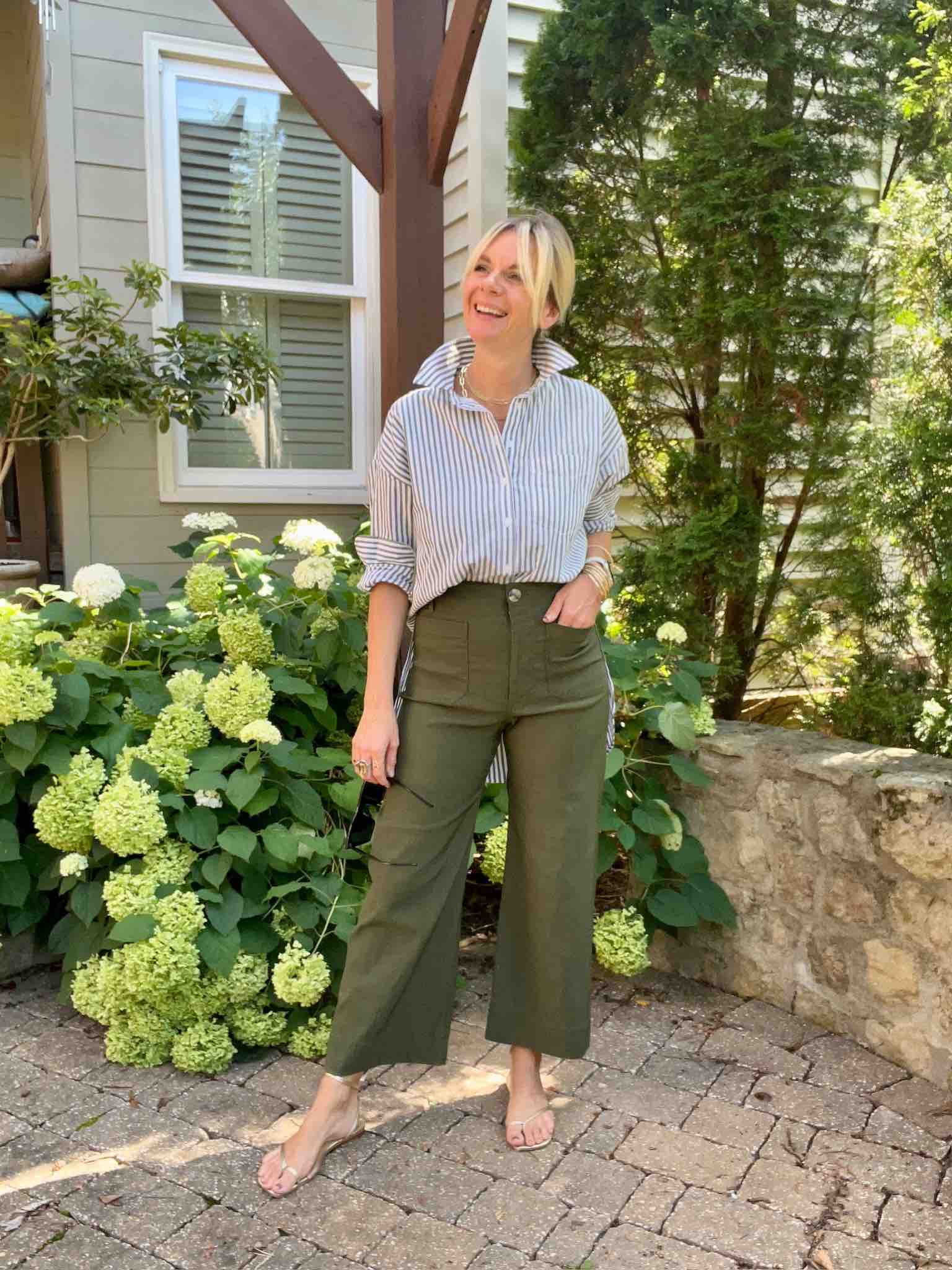 How To Dress For Fall When It's Still Hot Striped Button-Up Shirt & Wide Leg Pants nashville stylists share fun fall looks personal stylists share fall style inspiration what to wear for fall in the southeast what to wear this fall in warmer climates