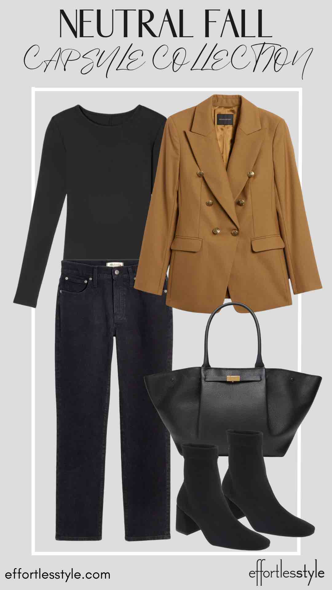 How To Wear Our Neutral Fall Capsule Wardrobe - Part 1 Blazer & Long Sleeve Tee & Black Jeans how to wear black and camel together how to style black and brown together the best black booties for fall water resistant booties how to style sock booties how to style a blazer with black jeans