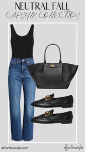 How To Wear Our Neutral Fall Capsule Wardrobe - Part 2 Bodysuit & Dark Wash Jeans how to wear bodysuit with jeans how to wear a bodysuit with loafers how to wear loafers with straight leg jeans how to style straight leg jeans the best fall accessories how to wear black with jeans