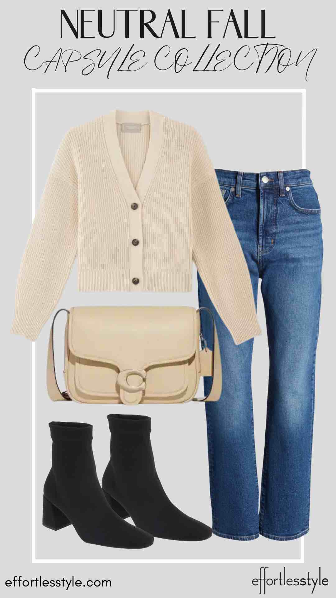 How To Wear Our Neutral Fall Capsule Wardrobe - Part 2 Cardigan & Dark Wash Jeans how to style sock booties how to wear sock booties with straight leg jeans how to mix beige and black accessories travel day style inspiration for fall how to wear a cardigan with jeans how to wear a cardigan with booties